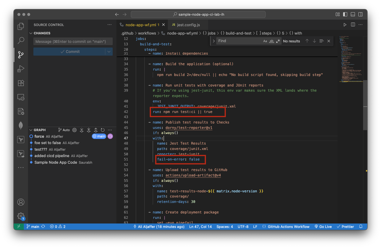 Build, Test & Publish Artefact for a Nodejs App